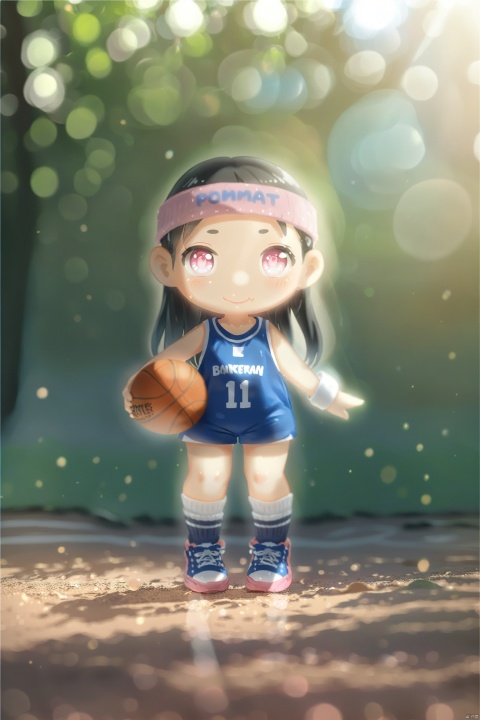  POP MART blind box,super cute girl, solo, long hair, looking at viewer, black hair, holding, standing, full body, shoes, shorts, socks, pink eyes, chibi, symbol-shaped pupils, sneakers, ball, blue shorts, sportswear, holding ball, basketball, basketball uniform
