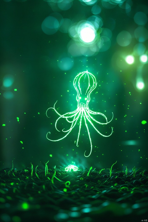  A mechanically composed octopus, alien technology, glowing green, massive body, suspended in the air of the city, sci-fi style, bailing_glitch_effect