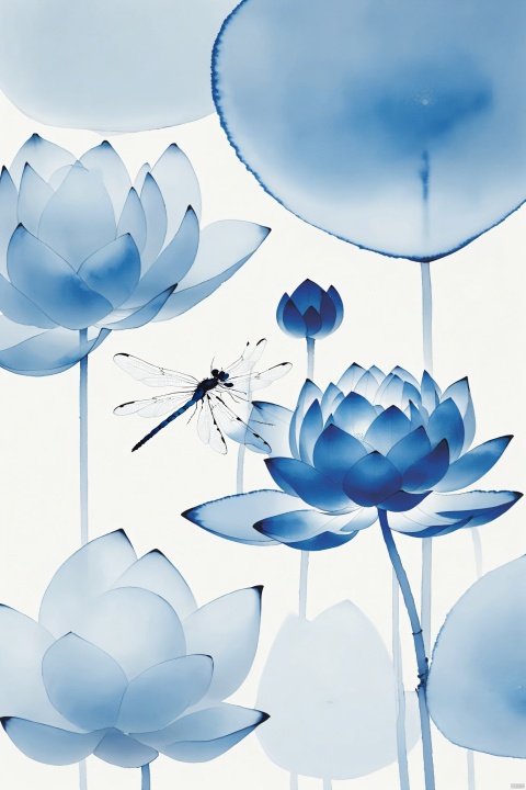 blue theme,tie dyeing, (Dragonfly,close up - Standing on Lotus bud: 1.36), minimalist ink painting