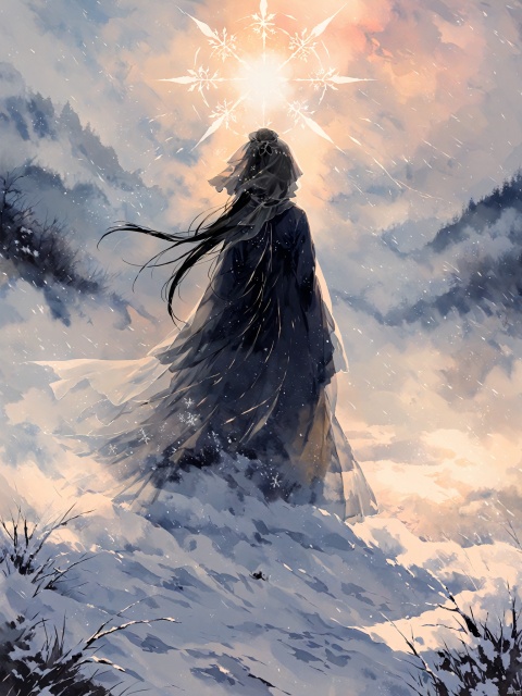 Amidst a raging blizzard, a solitary figure stands resilient in a snow-covered field, viewed from behind. The girl's silhouette is barely discernible through the thick veil of swirling snowflakes. Despite the intensity of the storm, there's an aura of serenity and strength emanating from her presence, as she stands amidst the chaotic beauty of the blizzard's embrace. The field of view captures the vastness of the wintry landscape, emphasizing the girl's solitary stance against the elements, more_details:-1, more_details:0, more_details:0.5, more_details:1, more_details:1.5, ananmo, watercolor