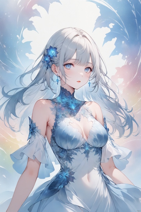 tie dyeing,Official art, 8k wallpaper, super detailed, beautiful and beautiful, masterpiece, best quality, (fractal art: 1.3), lines, illustration, 1 girl head, white background, very detailed, bright colors, romanticism, mtianmei,breasts, lucency dress, transparency