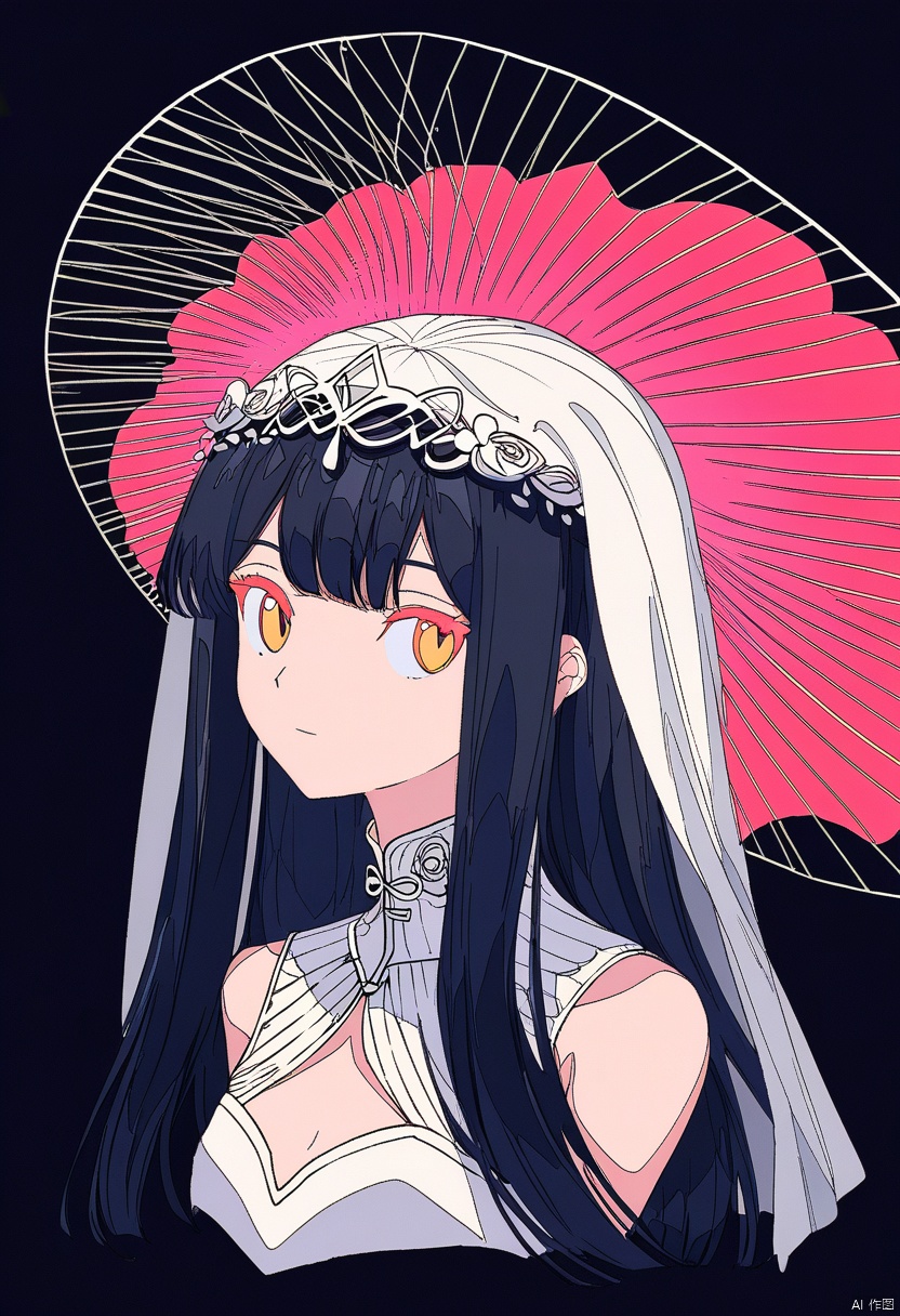 a gongbi painting of a 20 years old black long hair Chinese girl, Cute and beautiful girl, wearing a white wedding dress and a white veil on her head, pink and tender, half body, looking at the camera, extremely minimalism portrait, geometric shapes, matte light black background, in the style of crisp neo-pop illustrations, animated gifs, dolly kei, cartoon-like characters