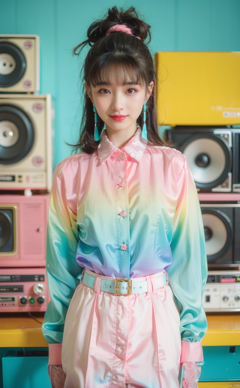  80sDBA style, fashion, (magazine: 1.3), (cover style: 1.3),Best quality, masterpiece, high-resolution, 4K, 1 girl, smile, exquisite makeup,(Green and Cyan and Pink | Silk shirt, Gradient:1.2), lace, tv,boombox
