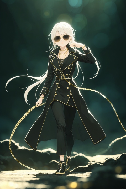 a white cat walks on the catwalk, stylishly dressed, a long black trench coat, a gold chain around her neck, sunglasses, cool pose, full body shot, cool colors, dark background, high-end feel, high-definition photography.