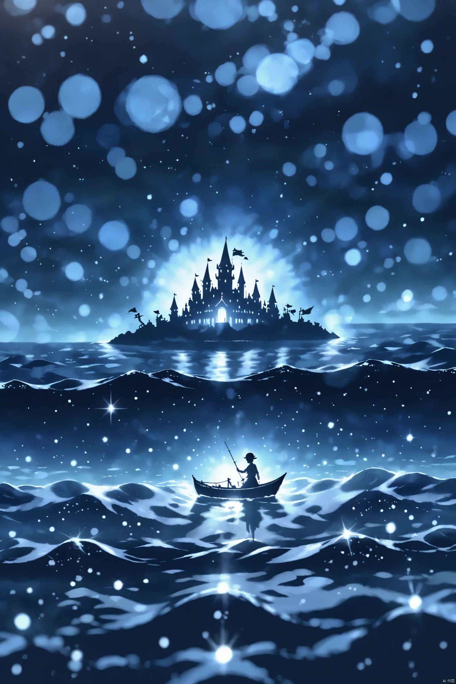 Dot Mat Hologram,isolated dark background,silhouette,backlit,Castle,
a man in a boat floating in the ocean,Night,Sparkling on the sea beautiful,fantasy scene
