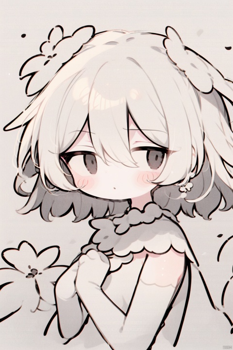 1girl, solo, flat color, best quality, detailed, upper body, looking at viewer, hair between eyes, white hair, hair flower, elbow gloves, jewelry, petals, white flower, greyscale, daisy