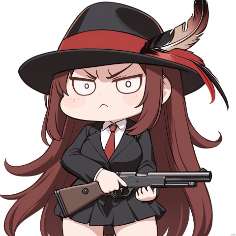  o_o, masterpiece, best quality, 1girl, red hair, hat, hat feather, scowl, chibi, Simple background,white background,holding a gun,