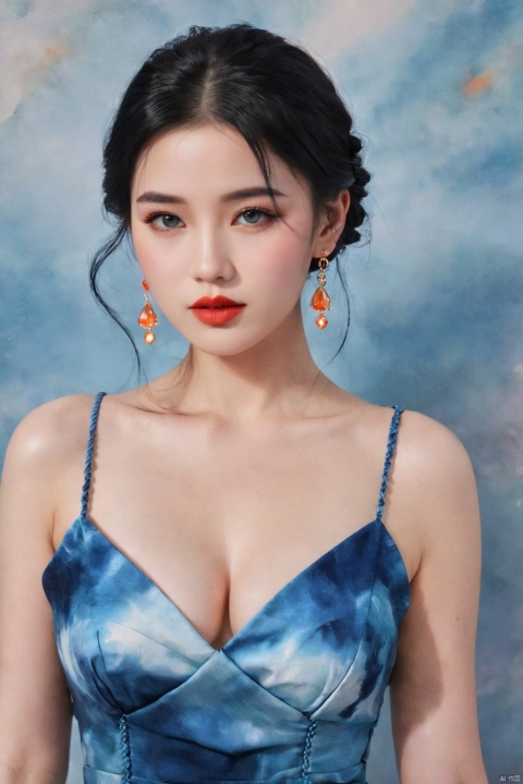full body, black hair,  Tie dyeing dress,  blue dress, girl, 1girl, solo, cleavage, looking at viewer,Low cut evening gown,black hair, jewelry, closed mouth, earrings,lips, makeup, lipstick, portrait, French braid,realistic,exposure blend, medium shot, bokeh, (hdr:1.4), high contrast, (cinematic, teal and orange:0.85), (muted colors, dim colors, soothing tones:1.3), low saturation