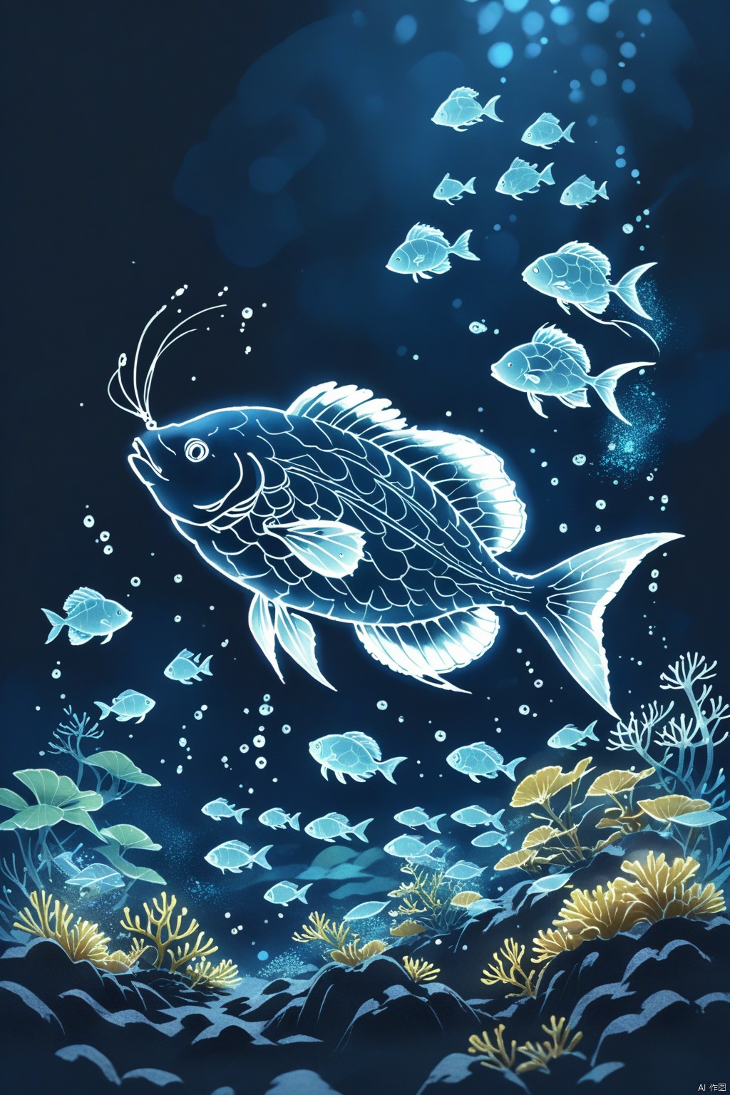 A wireframe hologram display of deep-sea fish, with glowing blue lines outlining various species’ contours and features against an isolated dark background. Lines weave into complex patterns showing bioluminescence and ecological traits. This piece showcases the details and vitality of deep-sea life in a visually stunning presentation. Perfect for projects blending the mystery of history with modern technology style, 8k