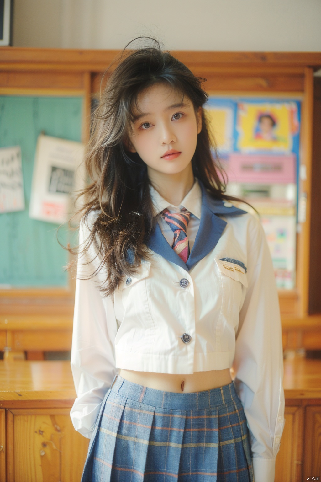  ((Masterpiece)), ((Best Quality)),80sDBA style,  Super High Resolution, 1 Girl, Medium Shot, Busty, Looking at the Audience, School, School Uniform, JK Uniform, Solo, Long Hairl, Brown Hai