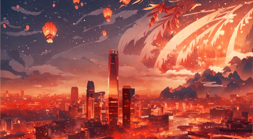  (Masterpiece:1.2), (best quality:1.2), (super high resolution:1.2),guochao, Traditional Chinese illustration,landscape painting,toutdoors, sky, cloud, no humans, night, building, scenery, sunset, city, cityscape, twilight, skyscraper, gradient sky, city lights, skyline, FF