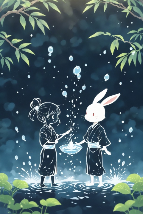 A different imaginative series of cartoons, small rabbits, Japanese style, where friends are playing, cartoon style of Japanese animation, human figures and general special edition, introduction of Japanese animation style decoration elements, Sanskrit high school Black style, bold Shape, water powder