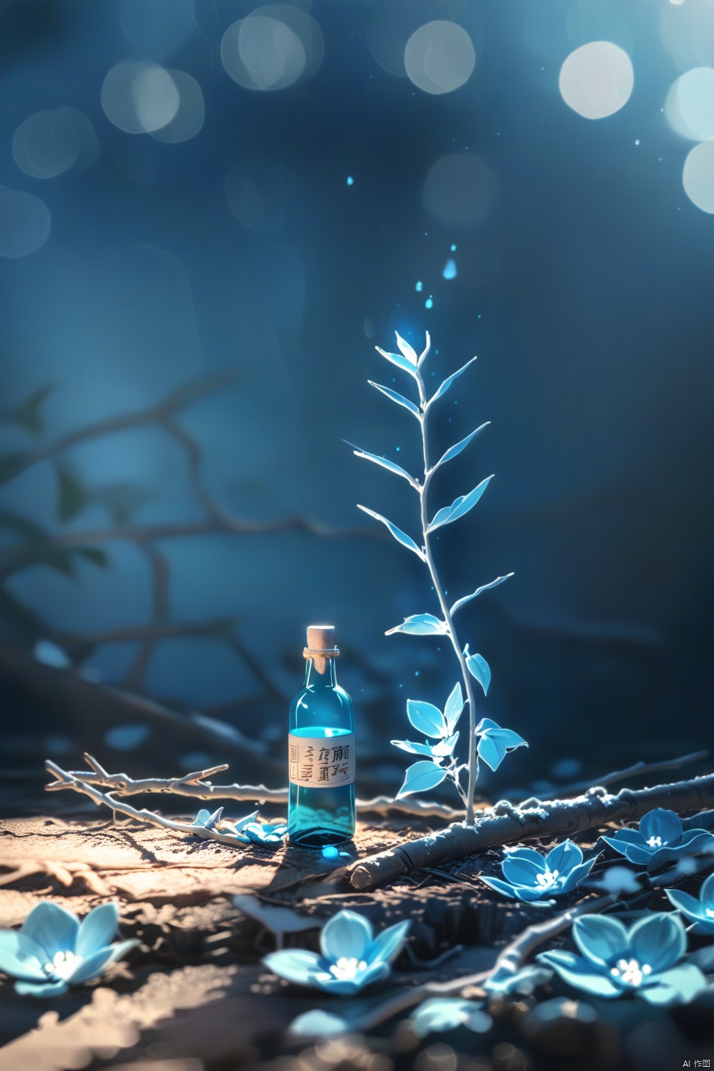  xihuwen, cold color style, blue bottle, front product, bottle placed on wood, wood, flowers, left light, commercial photography, 8K, blue theme, simple branch light and shadow background on the left side, shenhua