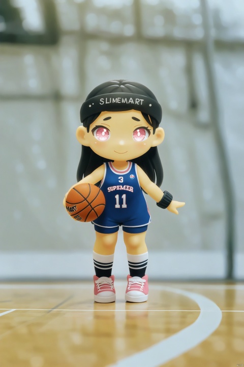 POP MART blind box,super cute girl, solo, long hair, looking at viewer, black hair, holding, standing, full body, shoes, shorts, socks, pink eyes, chibi, symbol-shaped pupils, sneakers, ball, blue shorts, sportswear, holding ball, basketball, basketball uniform