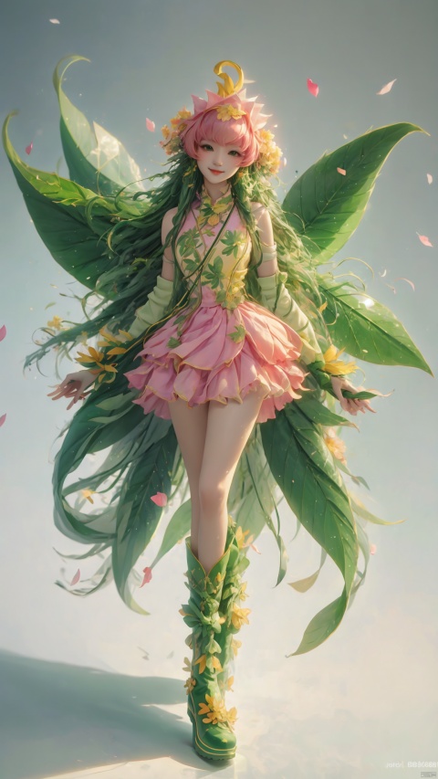  masterpiece,best quality, highly detailed, lilimon,1girl, solo, green wings, digimon (creature), gloves, smile, green footwear, traditional media, boots, flower, monster girl, plant, leaf, dress, simple background, full body,yuzu, gradient, 1 girl, 80sDBA style, flowers