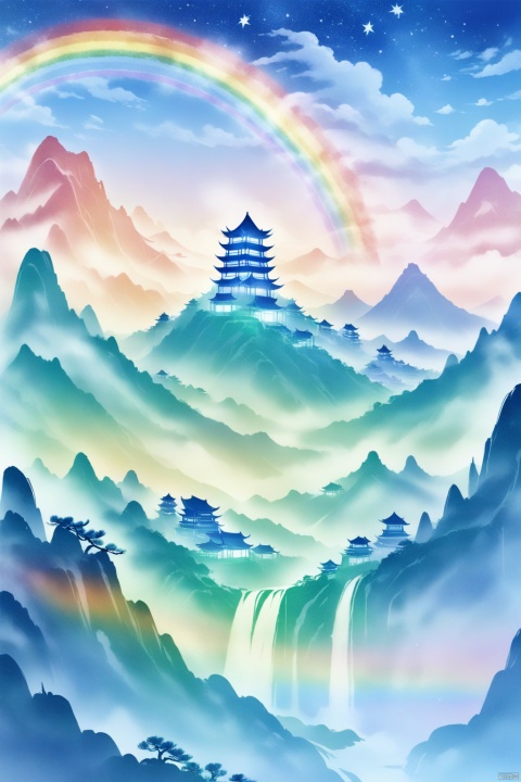 Chinese traditional painting style, the sky is full of fantastic colorful clouds, there are many high mountains below, there are ancient Chinese buildings on the top of the peaks and between the peaks, a waterfall flows down from the top of the peaks, there is a river below the peaks, next to the peaks there are trees of various colors, a rainbow, a small number of stars, full of dreamy and fantastical vibrant atmosphere, panorama, ultra high definition, 8K