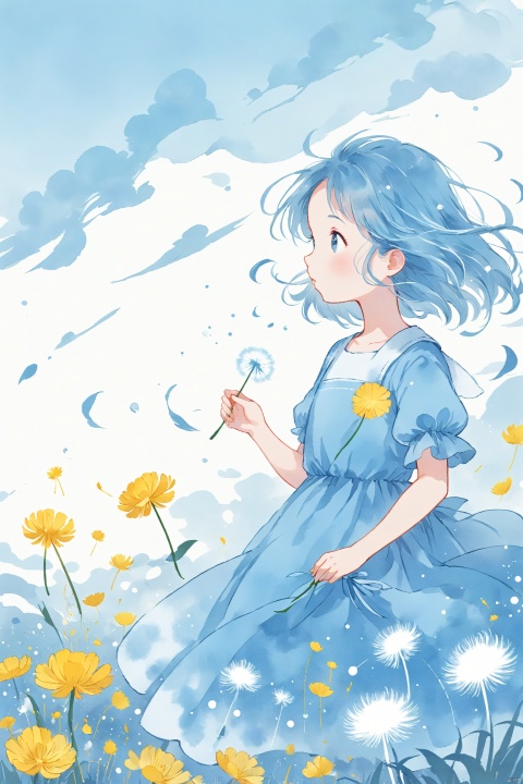  blue theme,Tie dyeing,A girl holding a dandelion flower, wearing a blue dress with white dots and yellow flowers on it, blowing away small petals in the style of light skyblue and pale aquamarine illustrations, a simple line drawing reminiscent of children's book illustrations and storybook art, with colorful cartooning and playful character design