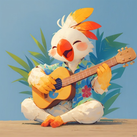 80sDBA style, Cockatiel\(IP\), masterpiece, best quality, 
solo, smile, open mouth, shirt, holding, sitting, full body, closed eyes, flower, short sleeves, heart, no humans, ^ ^, bird, floral print, happy,red flower, instrument,music, guitar, playing instrument, hawaiian shirt, acoustic guitar,tv