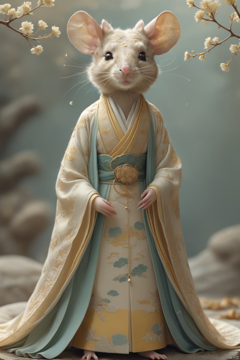  a mouse wearing a hanfu in the center of an illustration in the style of hsiao ron cheng, rebecca guay style, lightbeige and light yellow, extreme rich detail, clampsmile, serene, this artwork uses soft colors to create a dreamy atmosphere. it features an elegant posture, symmetrical composition, soft lighting, delicate brushstrokes, delicate facial expressions, natural scenery, and tranquility.