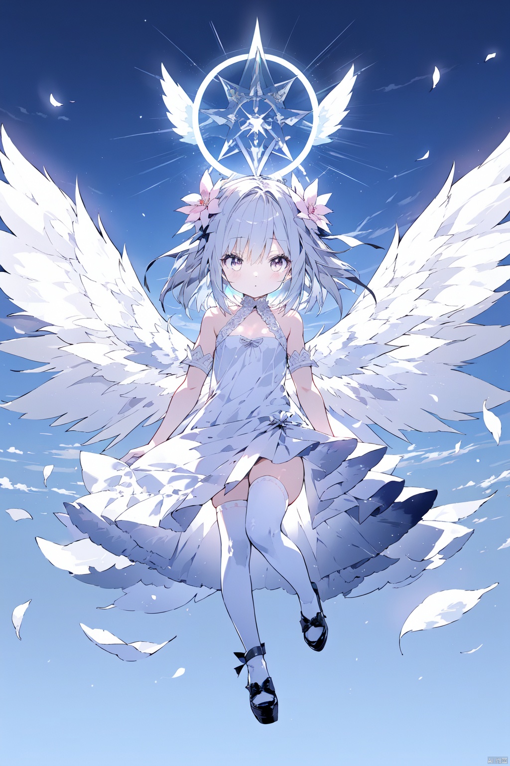 chibi,1girl, alternate_wings, angel, angel_and_devil, angel_wings, asymmetrical_wings, dress, feathered_wings, feathers, flower, full_body, halo, kishin_sagume, large_wings, mini_wings, multicolored_wings, multiple_wings, pegasus, petals, pink_wings, shoes, single_wing, solo, spread_wings, string, string_of_fate, thighhighs, white_dress, white_feathers, white_wings, winged_arms, wings