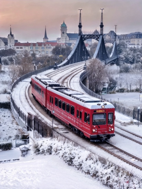 winter, snow, red train, outdoors, sky, tree, no humans, traditional media, grass, ground vehicle, building, scenery, bridge
