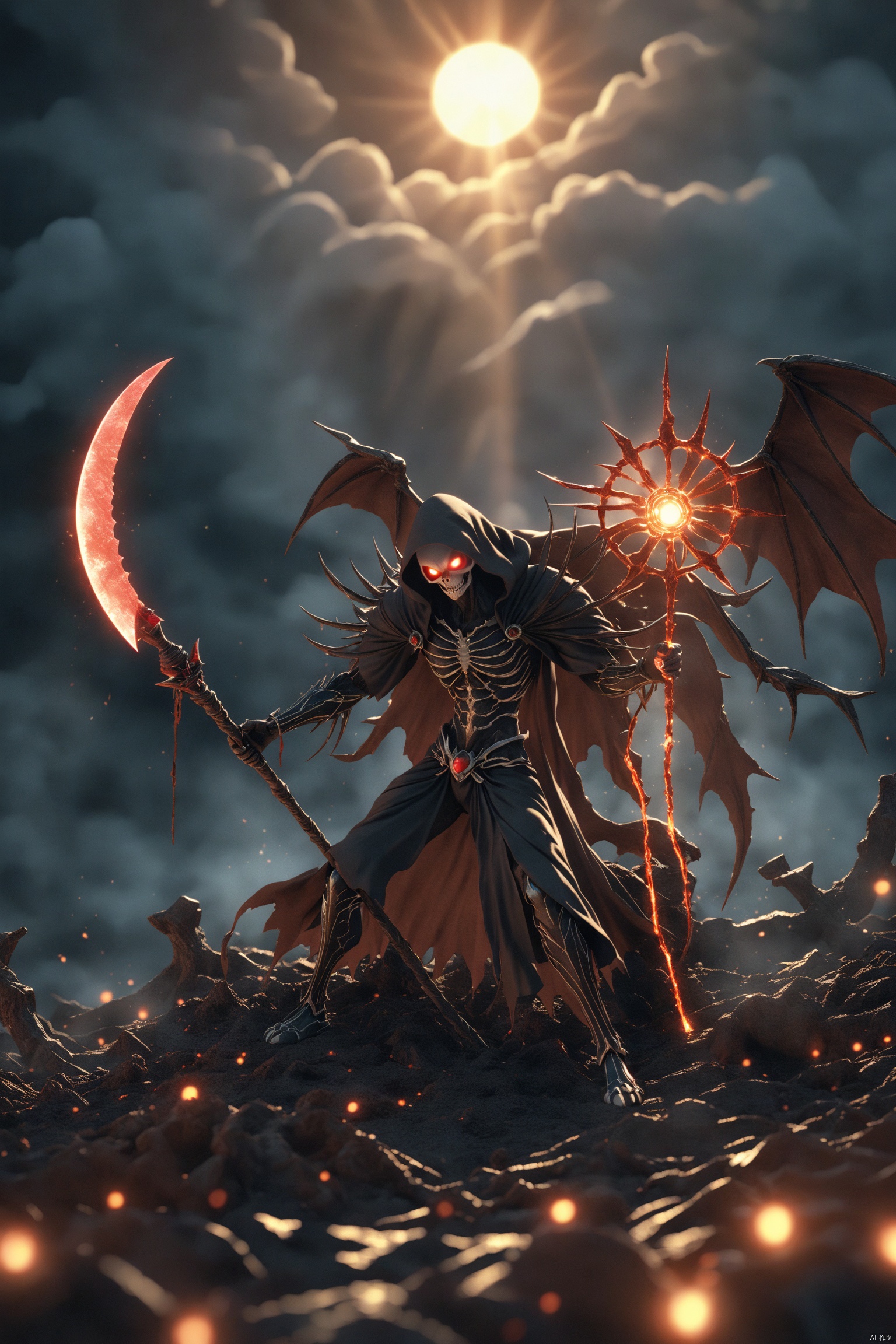 Dream-On Style, 3D render, a boss level glowing black and red celestial god reaper-like pokemon holding a glowing Death Scythe, in hell, dark magic, VFX, award-winning picture, highly detailed, ultra-high resolutions, 32K UHD, sharp focus, best quality, masterpiece