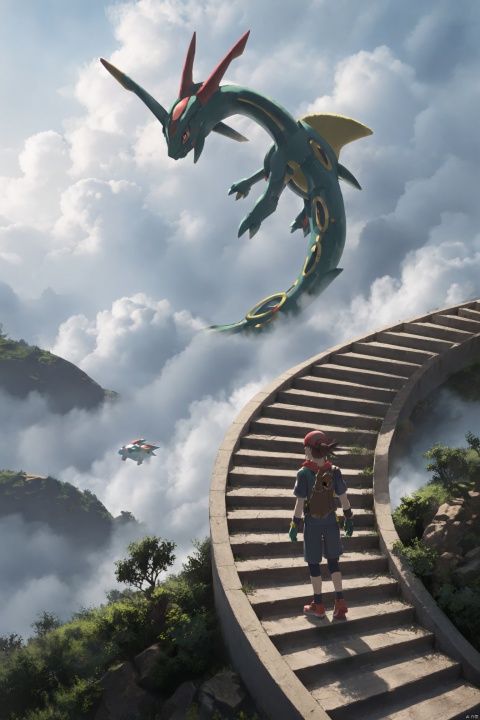 Pokemon Rayquaza,good background,anime,Endless Steps, Climbing stairs, CG, stairs, brown hair, gloves, 1boy, red hat, standing, jacket, short sleeves, outdoors, sky, shoes, cloud, signature, bag, from behind,  cloudy sky, stairs, bandana, may \(pokemon\)