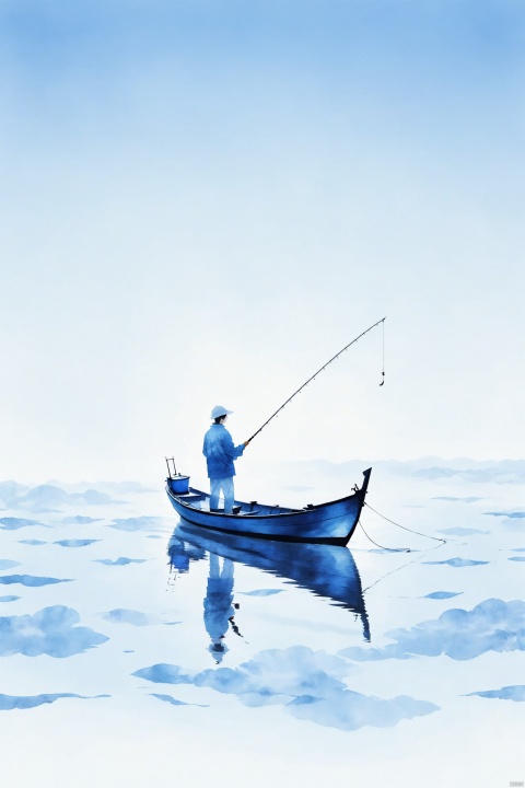  blue theme,Tie dyeing,fisherman,Lonely boat,fishing,Minimalist style with plenty of white space