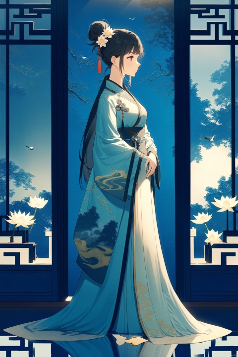  1girl, solo, black hair, hair ornament, long sleeves, dress, closed mouth, standing, full body, flower, indoors, hair flower, wide sleeves, hair bun, from side, tree, window, profile, bird, chinese clothes, single hair bun, white flower, reflection, shawl, architecture, east asian architecture, blue theme, lotus, updo, hanfu, lattice, guoflinke, chinese dress