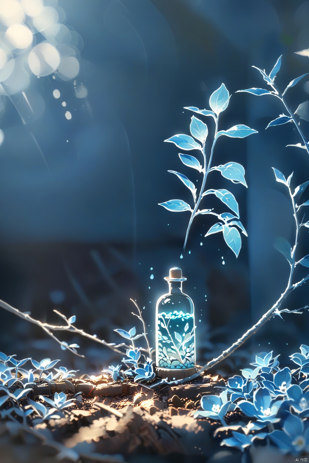 xihuwen, cold color style, blue bottle, front product, bottle placed on wood, wood, flowers, left light, commercial photography, 8K, blue theme, simple branch light and shadow background on the left side, shenhua