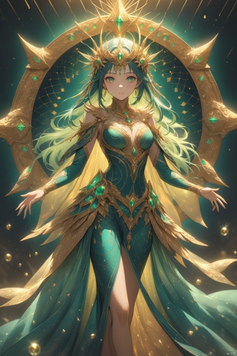 a meticulously crafted portrayal of a fantasy girl adorned in vibrant teal, emerald, and gold hues. Quantum dots dance across its fur, mirroring energy levels through swirling cosmic gold patterns. The composition includes elements like pearly dewdrops, refraction diffraction, ferrofluid dynamics, asymmetrical polyhedra toys, ornate line tracings, and intricate details reminiscent of akashic records. The visual experience is enhanced by the use of octane render, culminating in a mesmerizing display featuring gold hieroglyphics. 