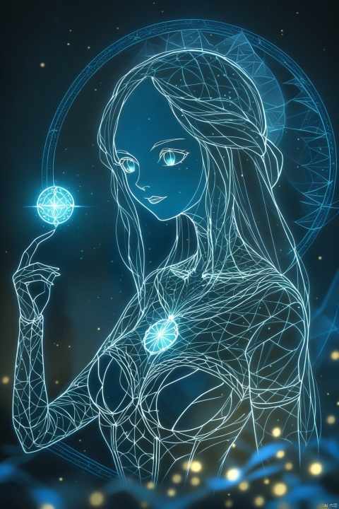 wireframe hologram of mona lisa with glowing blue lines forming intricate patterns around its iconic painting against an isolated dark background. the design showcases detailed details and features of the painting, creating a visually stunning representation of the figure. this digital artwork is perfect for creative projects that need to convey both historical significance and futuristic technology, in the style of 8k