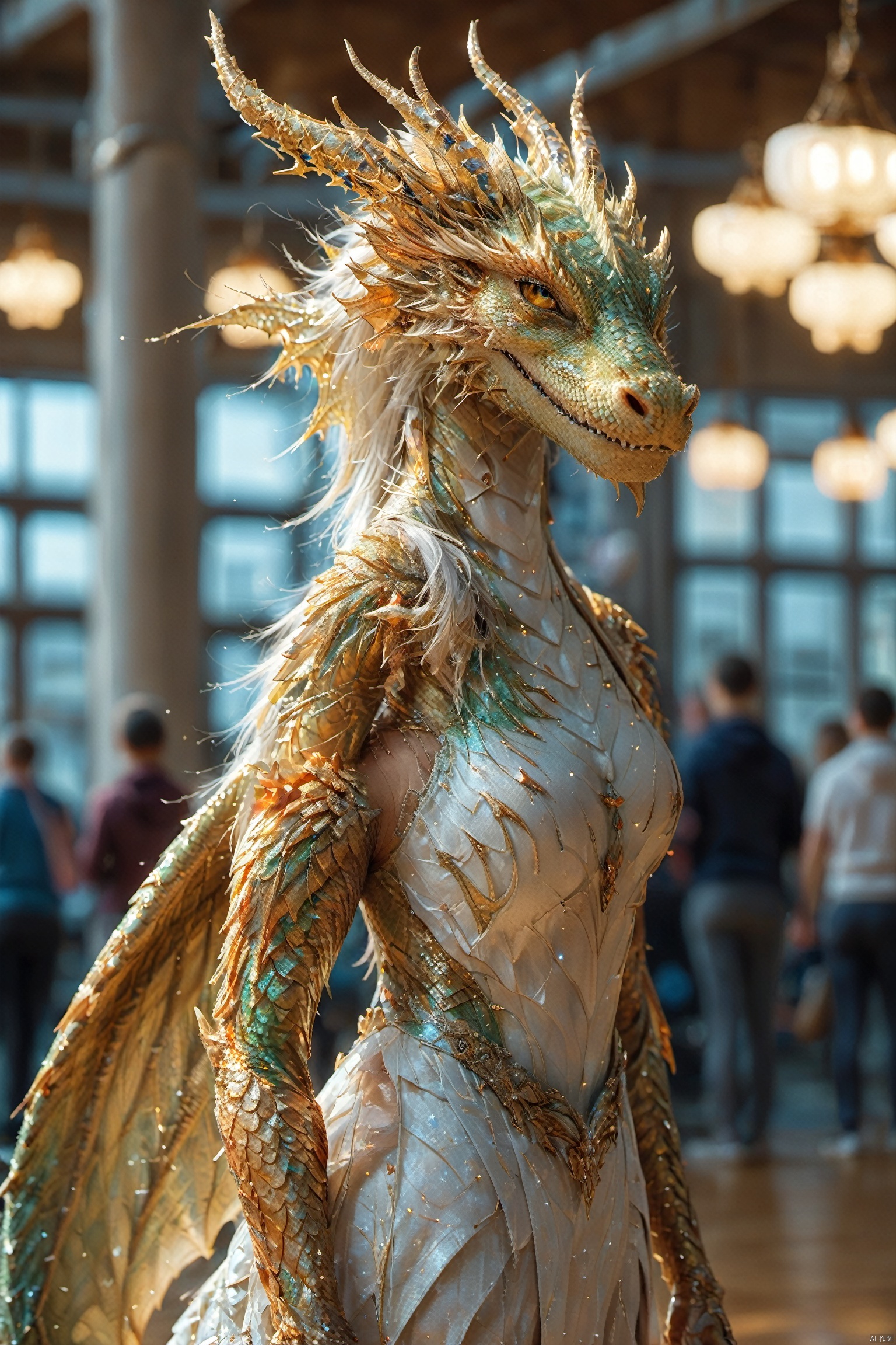  a dragon, beautiful and glamorous dragon with her back to the viewer, On the background of a gym with a large aperture bokeh, Her upper body gently turned to look at the audience, Charm is overflowing., It seems to attract people to the past, Particularly authentic style