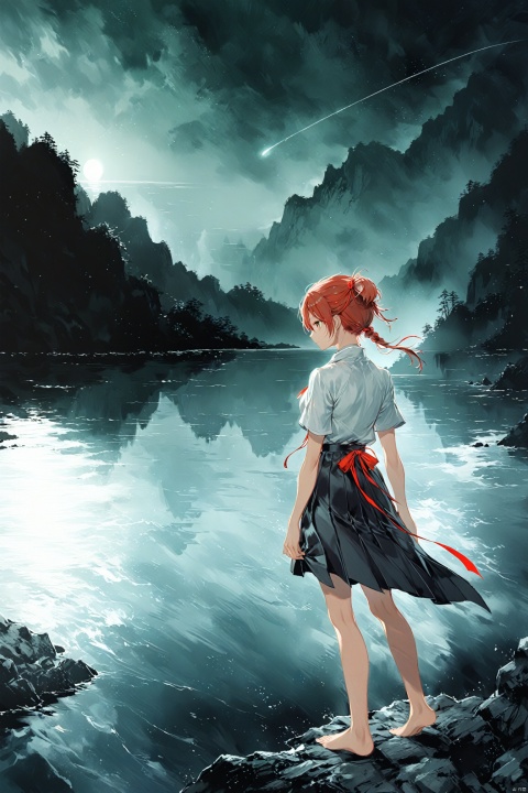 1 girl, knight, (HDR: 1.4), high contrast, low saturation, white short-sleeved shirt, black mini skirt, short hair, single ponytail, hair tied with a red ribbon, color block background, whole body, soft clothing texture, eyes looking at viewer, horizontal, lake, moonlight, bare feet, elegance, shooting star, starlight, red ribbon fluttering in the wind, sword, foreground
负向提示, MSI\(Monon\)