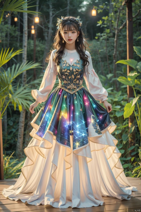  ((masterpiece)), ((best quality)), 8k, high detailed,1girl, 20-year-old,wearing Bright night sky dress, in the forest, Bright night sky dress, dress, light particles, full body, black background, glowing, contouring light,ZYM, 1 girl, 80sDBA style