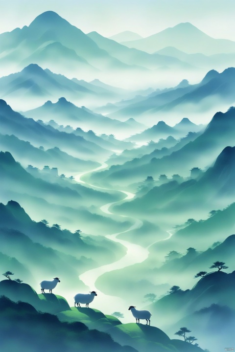Poster composition, minimalist, large area green, layered, textured, distant green mountains, with a pure white background. A few little white sheep were in the distance, in a calm and peaceful atmosphere without any interference from anyone or anything else. The natural brushstrokes of details, with a hint of brightness and highlights. A sense of peace and tranquility, with a soft light and misty atmosphere. Masterpiece like quality, perfect composition, poster background image