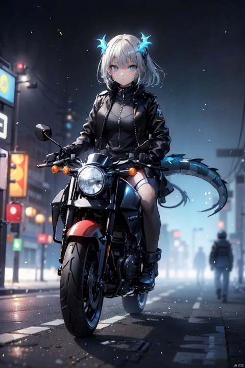  China-Chic style, Cyberpunk style, girl riding motorcycle and handsome dragon body, super cool. The background is a bustling urban night scene, with motorcycles running on the highway.The girl is wearing a black leather jacket and a black helmet, with the dragon body flashing blue neon lights and the tail emitting flames. Full of dynamism, vivid colors, and a futuristic feel., 1girl,Future Combat Suit