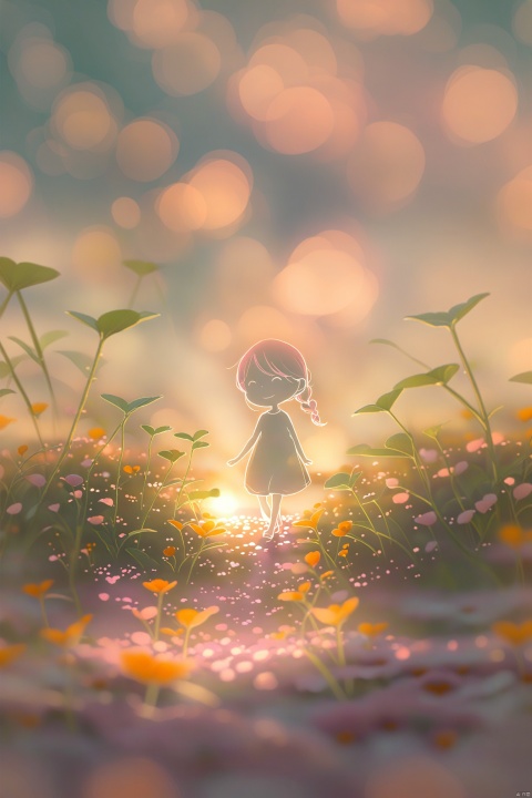  A soft pastel painting depicts mother and baby walking through an endless field of flowers, with the sky painted in hues of pink and orange, creating a dreamy atmosphere. The focus is on delicate brushstrokes and the gentle movement as they walk along the path towards the horizon
