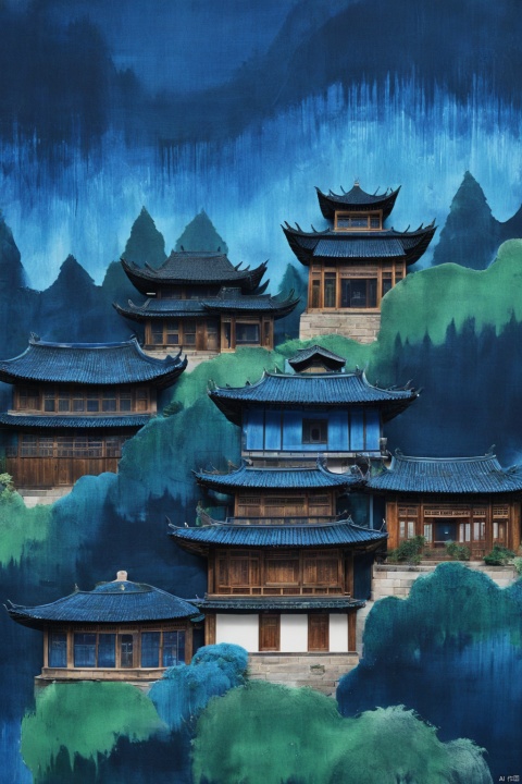 Tie dyeing style, Tie dyeing, outdoors, no humans, traditional media, building, scenery, rain, architecture, east asian architecture, Blue tie dyeing