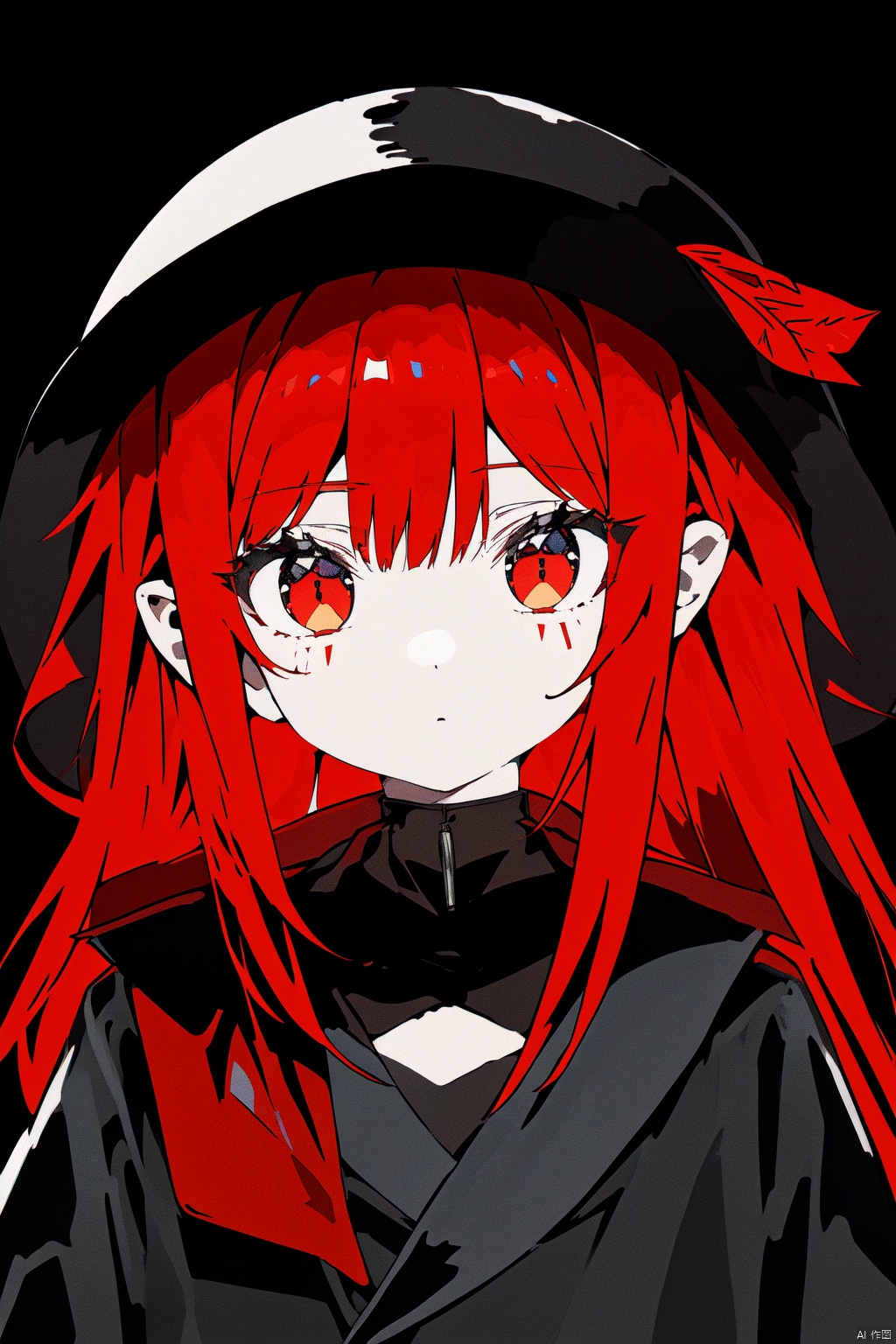 chibi,white glowing lines, dense translucent lines, various artist's styles, digital holographic style, virtual interaction, holographic projection, 1girl, solo,red hair, black hat, hat feather, red scarf, black jacket,line-art,chibi, hat