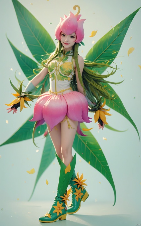  masterpiece,best quality, highly detailed, lilimon,1girl, solo, green wings, digimon (creature), gloves, smile, green footwear, traditional media, boots, flower, monster girl, plant, leaf, dress, simple background, full body,yuzu, gradient, 1 girl, 80sDBA style