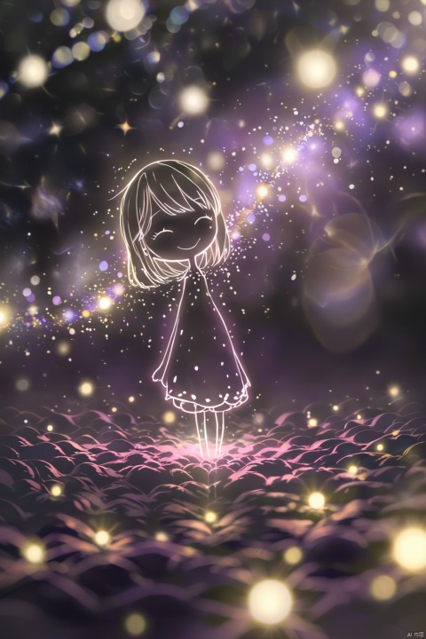 A girl floats in a nebula, styled like Yayoi Kusama's infinity mirrors. Reflective surfaces, infinite patterns, and a sense of weightlessness
