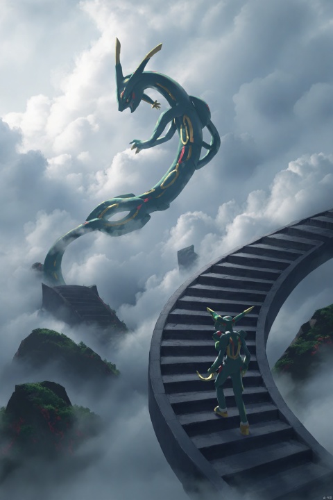 Pokemon Rayquaza,good background,anime,Endless Steps, Climbing stairs, CG, stairs, a head in the clouds, a large, scary, Pokemon Rayquaza creature in the distance