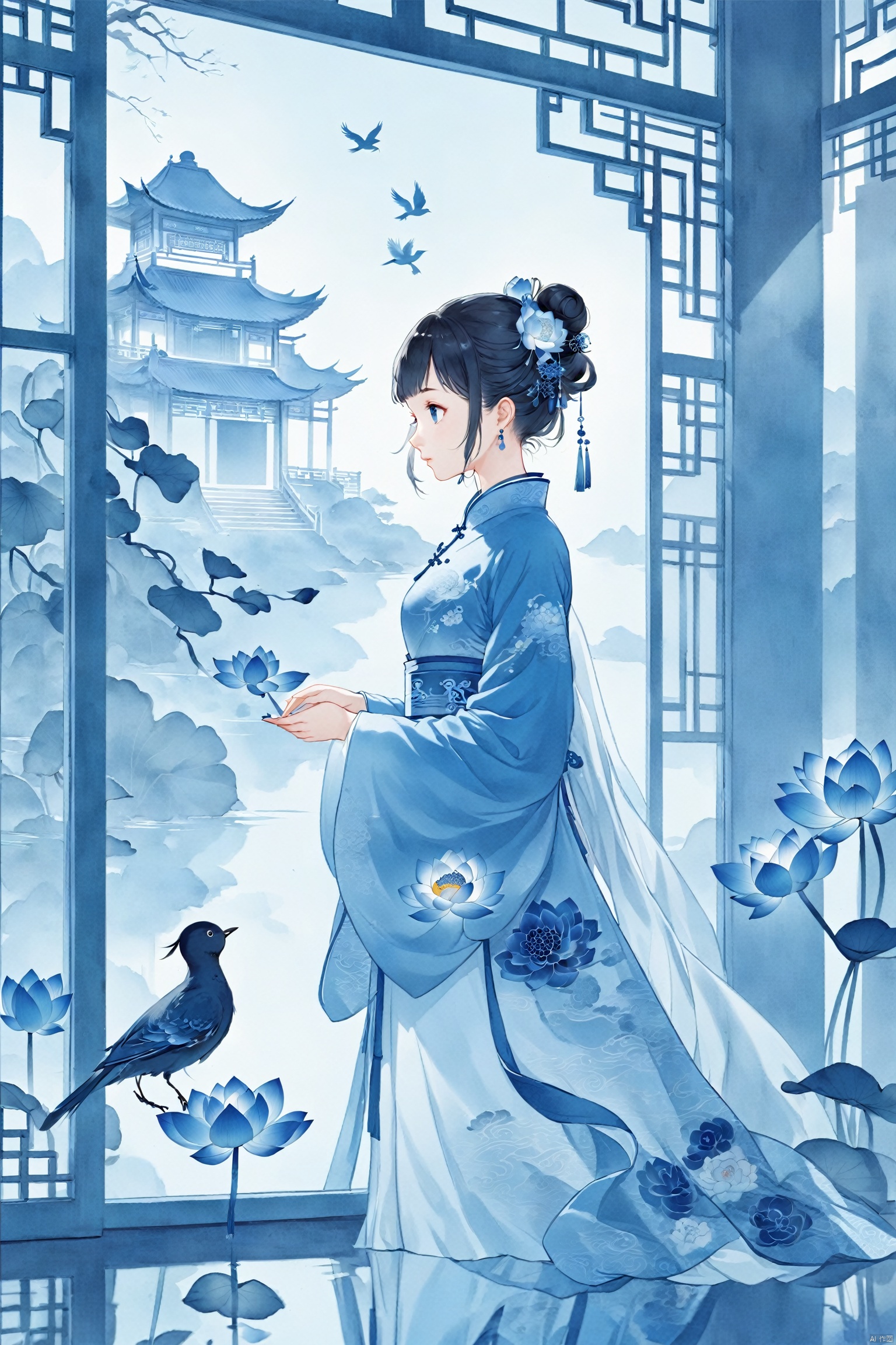  1girl, solo, black hair, hair ornament, long sleeves, dress, closed mouth, standing, full body, flower, indoors, hair flower, wide sleeves, hair bun, from side, tree, window, profile, bird, chinese clothes, single hair bun, white flower, reflection, shawl, architecture, east asian architecture, blue theme, lotus, updo, hanfu, lattice, guoflinke, chinese dress