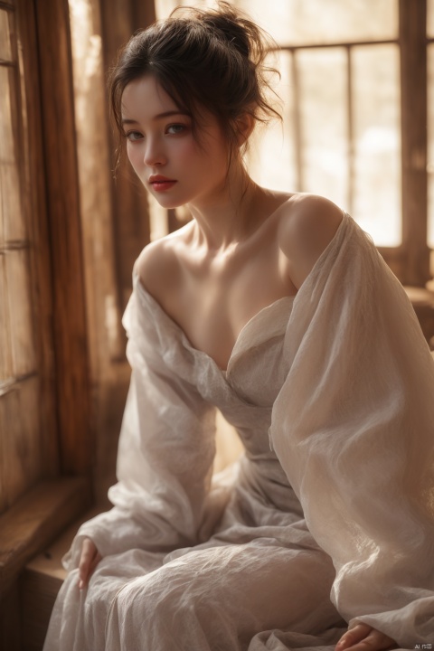  1girl,Hanfu Ru Skirt,1girl,architecture ball,blurry,blurry background,blurry foreground,brown eyes,chinese clothes comb,depth of field,east asian architecture,hair ornament hair hanfu , indoors , lips,long sleeves,looking at viewer ,off shoulder,photorealistic round window shouji sitting sliding doors solo window, msheying