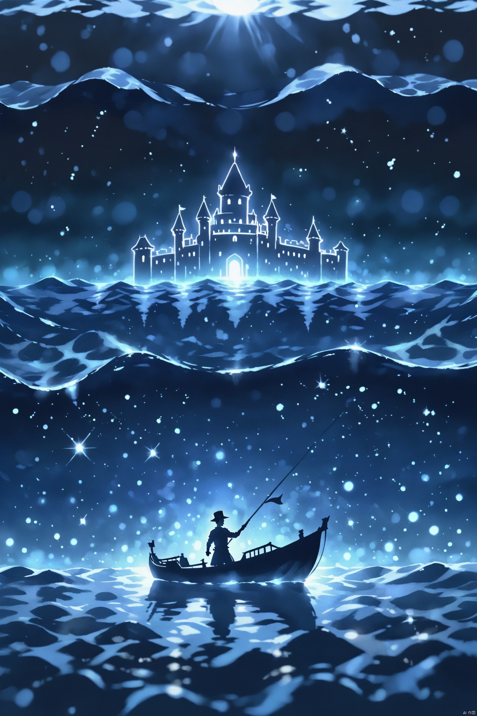 Dot Mat Hologram,isolated dark background,silhouette,backlit,Castle,
a man in a boat floating in the ocean,Night,Sparkling on the sea beautiful,fantasy scene