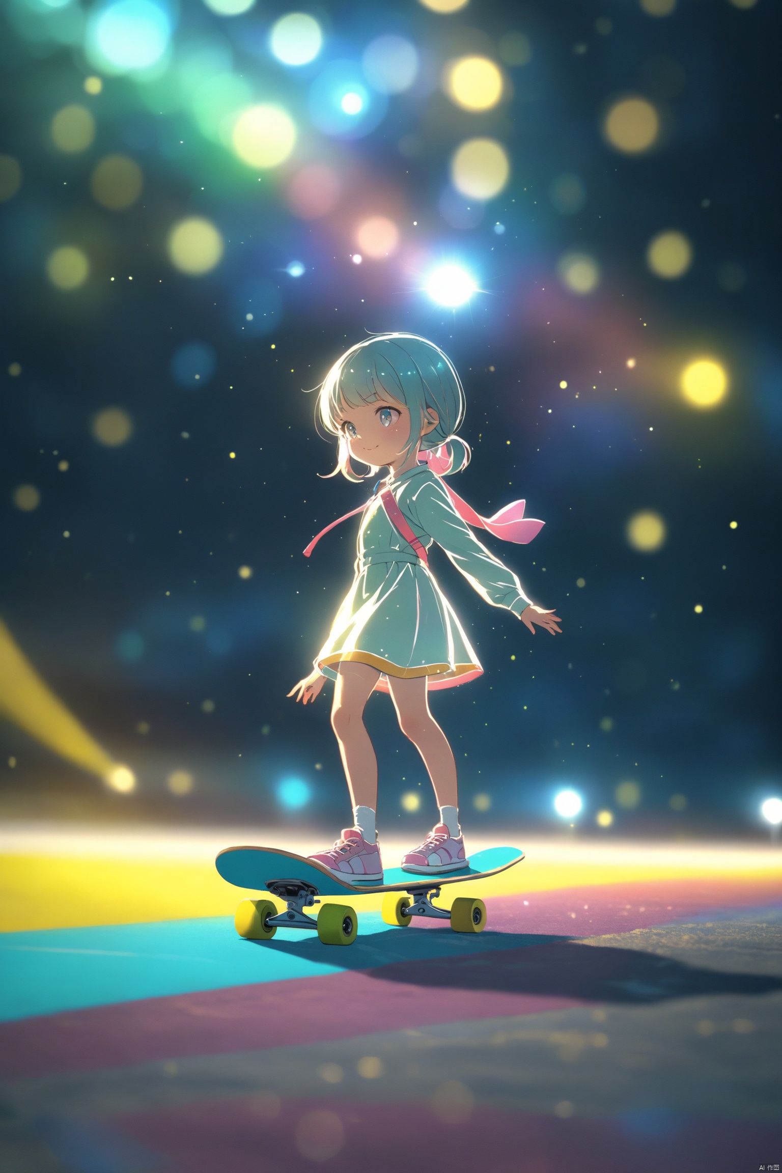 A lovely little girl playing skateboard with dazzling colors, charming scifi cinematic, on the colored runway, travel in the color of space