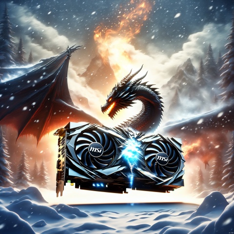  msi,gpu,MSI\(Monon\),MSI graphics card,outdoors, wings, horns, sky, tree, no humans, glowing, fire, nature, scenery, glowing eyes, snow, forest, snowing, mountain, fantasy, dragon