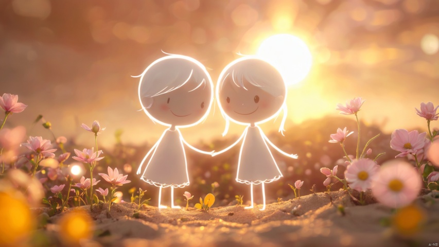  3D illustration of a cute mother and daughter hugging each other, surrounded by flowers and eggs in the style of dreamy landscapes with soft atmospheric perspective, vibrant orange and pink stage backdrops, childlike innocence and charm with cartoonish character design featuring bold shapes and cute characters against a pink background with a simple white sun in the sky