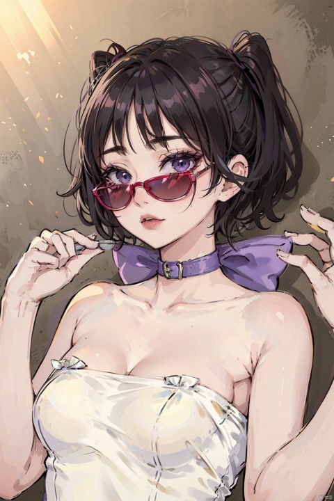  ((Masterpiece)), ((Best Quality)),Toodles Galore, purple collar, 1girl, dress, sunglasses, red sunglasses, upper_body